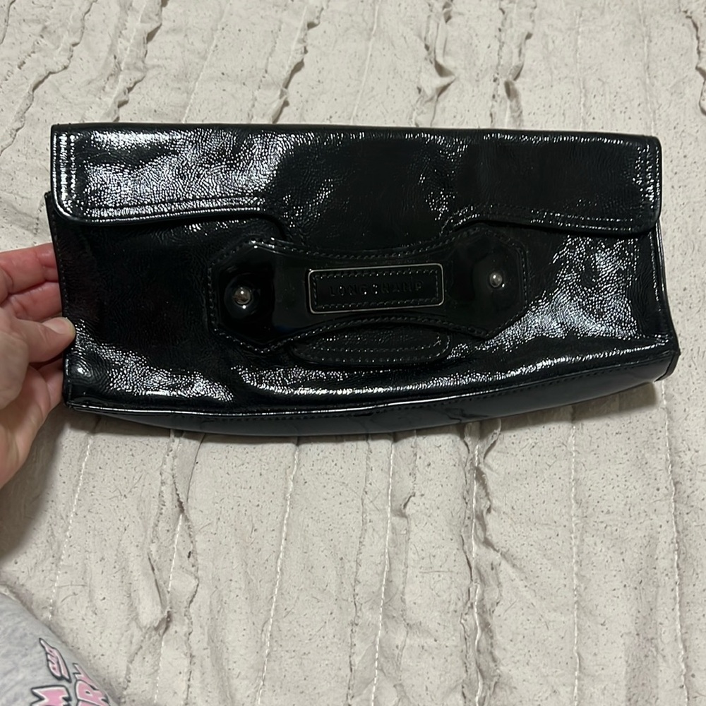 Longchamp black patent leather clutch bag